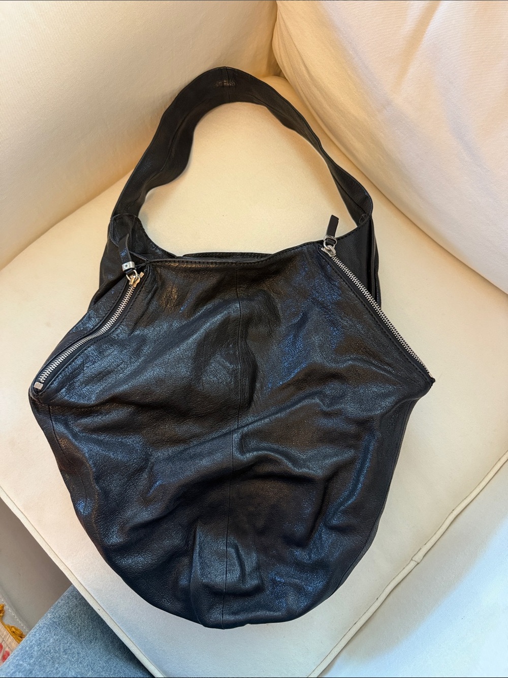 Jil Sander Rare Black Leather Shoulder Hobo Bag with Zipper Accents